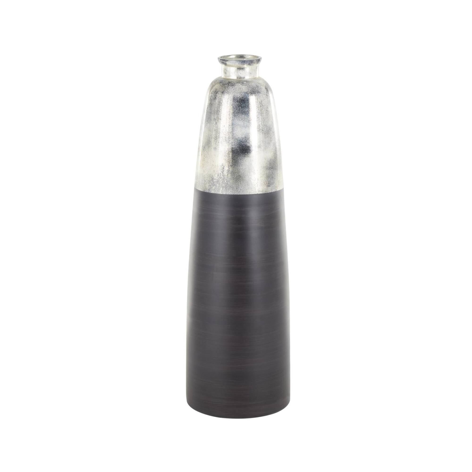34" Black Glass Brushed Two-Toned Floor Vase with Textured Silver Top